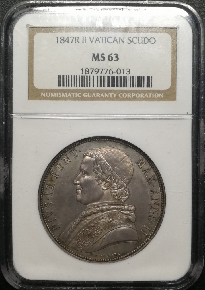 凡希社世界钱币微拍第六十七期 1849教皇国SCUDO大银 NGC-MS63收藏级!