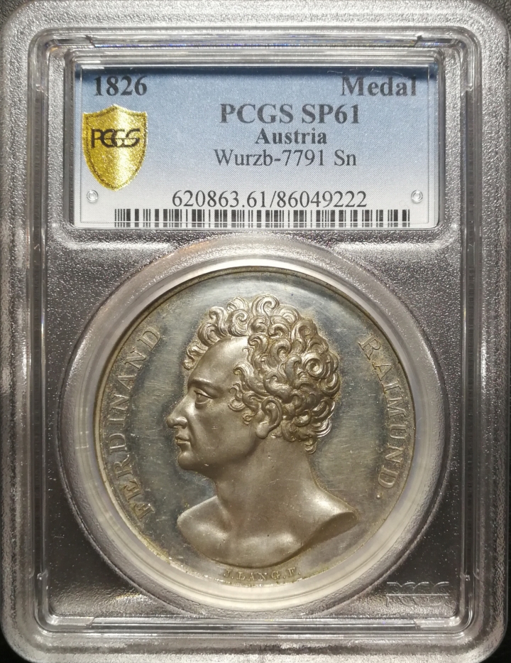 凡希社世界钱币微拍第六十七期 1826年奥地利戏剧演员雷蒙德纪念章PCGS-SP61(Wurzd7791) 