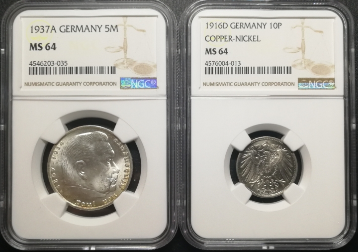 凡希社世界钱币微拍第六十七期 德国兴登堡与10芬尼一对NGC-MS64