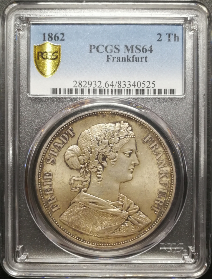 凡希社世界钱币微拍第六十七期 1862法兰克福少女两泰勒PCGS-MS64