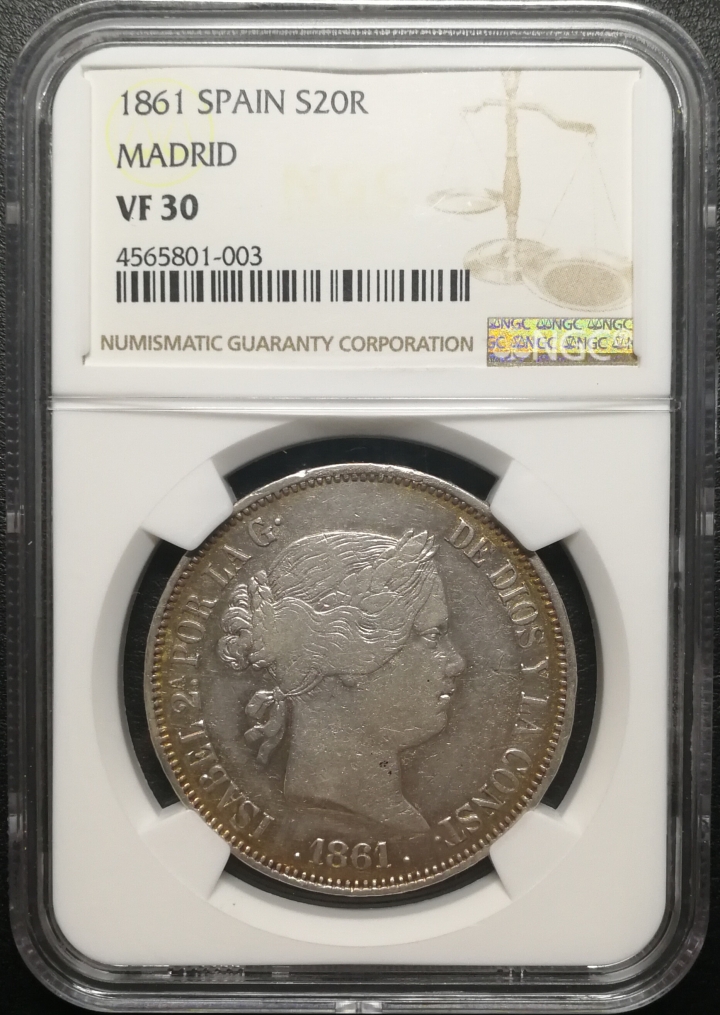 凡希社世界钱币微拍第六十七期 1861西班牙伊莎贝拉20R大银NGC-VF30