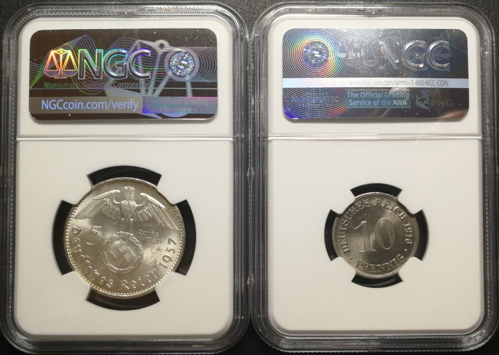 凡希社世界钱币微拍第六十七期 德国兴登堡与10芬尼一对NGC-MS64