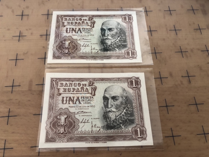 收藏联盟第六十四期拍卖 西班牙1953年1比塞塔两张连号UNC