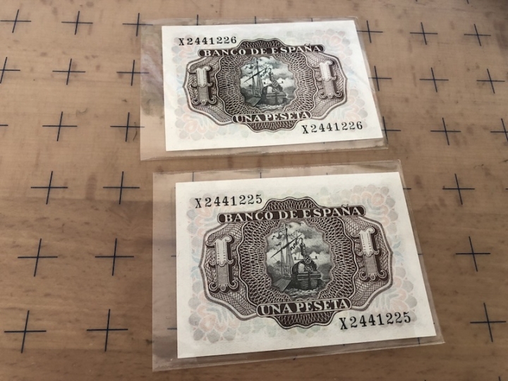 收藏联盟第六十四期拍卖 西班牙1953年1比塞塔两张连号UNC