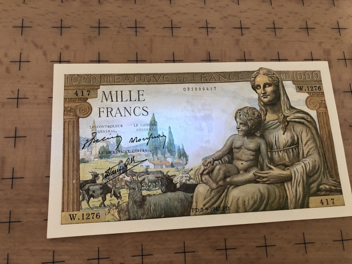 收藏联盟第六十四期拍卖 1942年1000法郎 UNC