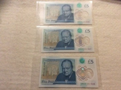 收藏联盟第六十四期拍卖 - 英国英格兰银行5镑塑料钞三张连号UNC品