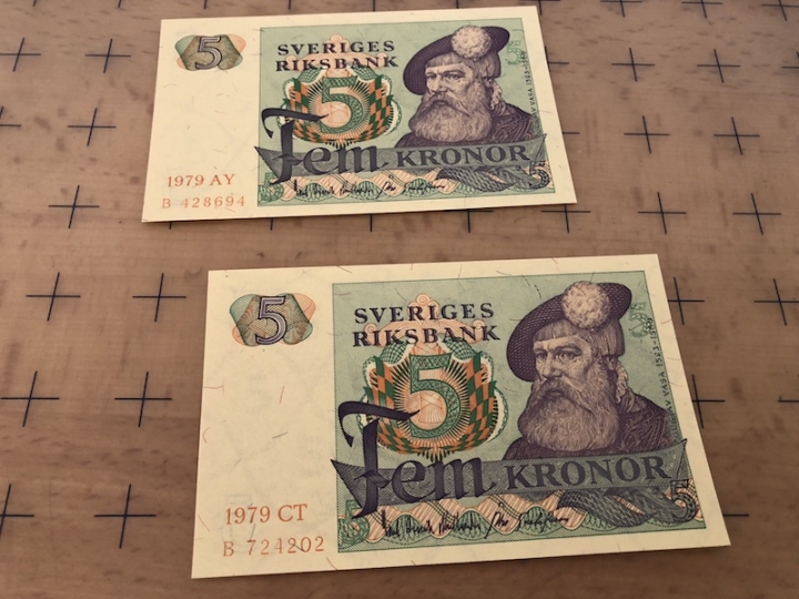 收藏联盟第六十四期拍卖 瑞典1979年5克朗两张 UNC