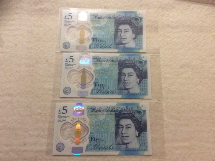 收藏联盟第六十四期拍卖 英国英格兰银行5镑塑料钞三张连号UNC品