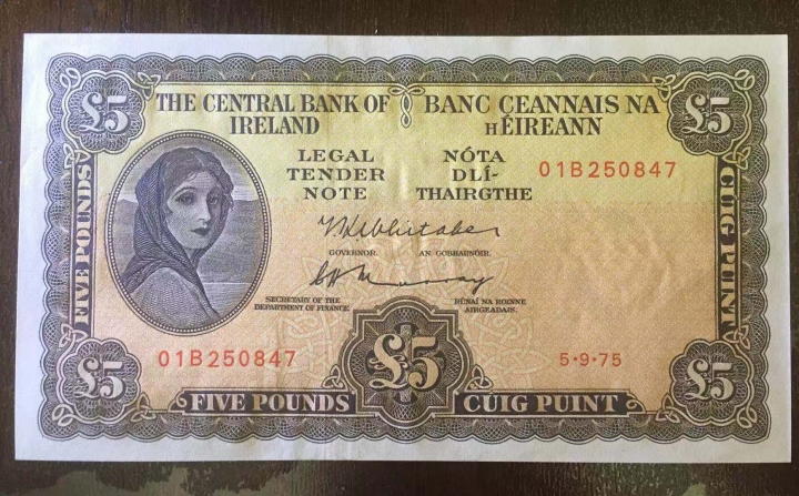 《外钞收藏家》第五十八期拍卖 爱尔兰1975年5镑 大票幅 近全新品相 有一个黄斑 