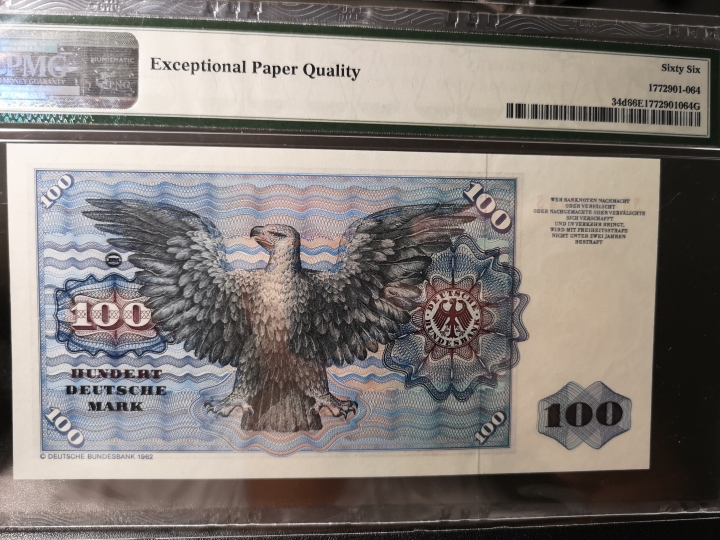 《外钞收藏家》第五十八期拍卖 1980年西德100马克 人像雕刻精细、背面鹰也很不错  pmg66 