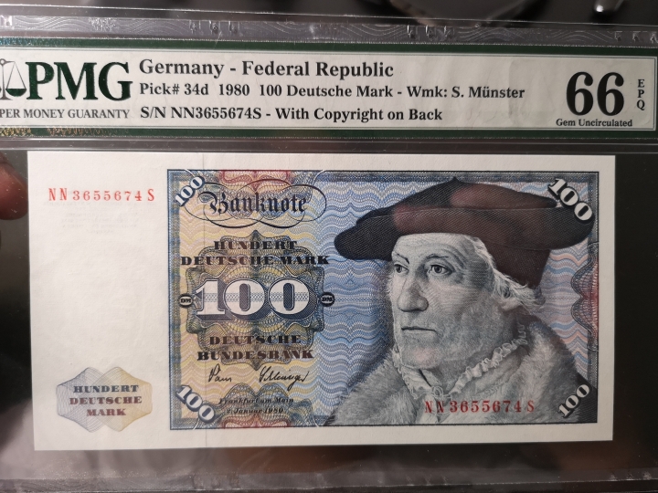 《外钞收藏家》第五十八期拍卖 1980年西德100马克 人像雕刻精细、背面鹰也很不错  pmg66 