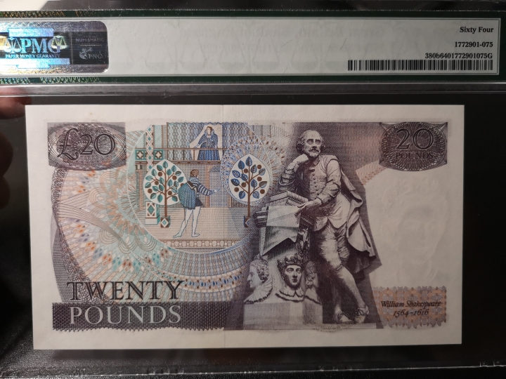《外钞收藏家》第五十八期拍卖 英国D序列20镑  380d 莎翁水印  pmg65
