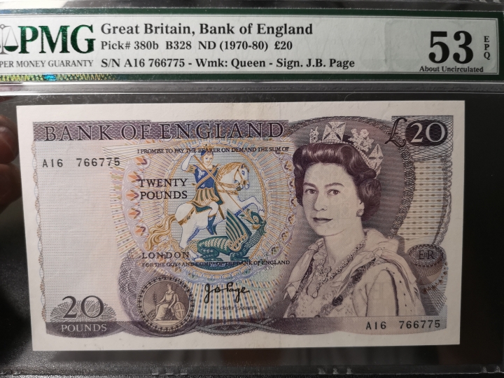 《外钞收藏家》第五十八期拍卖 英国D序列20镑 380b 女王水印 pmg53E