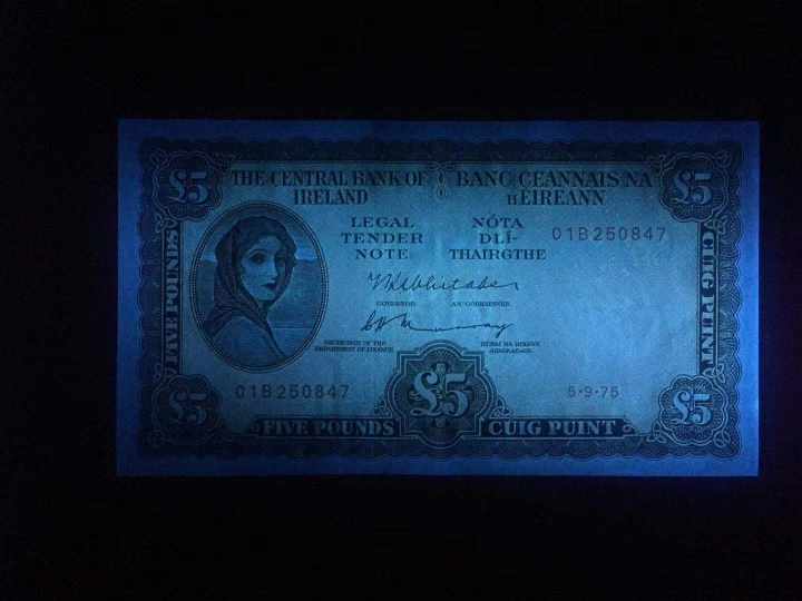 《外钞收藏家》第五十八期拍卖 爱尔兰1975年5镑 大票幅 近全新品相 有一个黄斑 