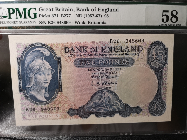 《外钞收藏家》第五十八期拍卖 英国B序列5镑 经典品种  pmg58