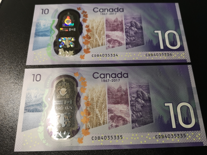 《外钞收藏家》第五十八期拍卖 加拿大最新版10元纪念钞 连号两张 全新unc