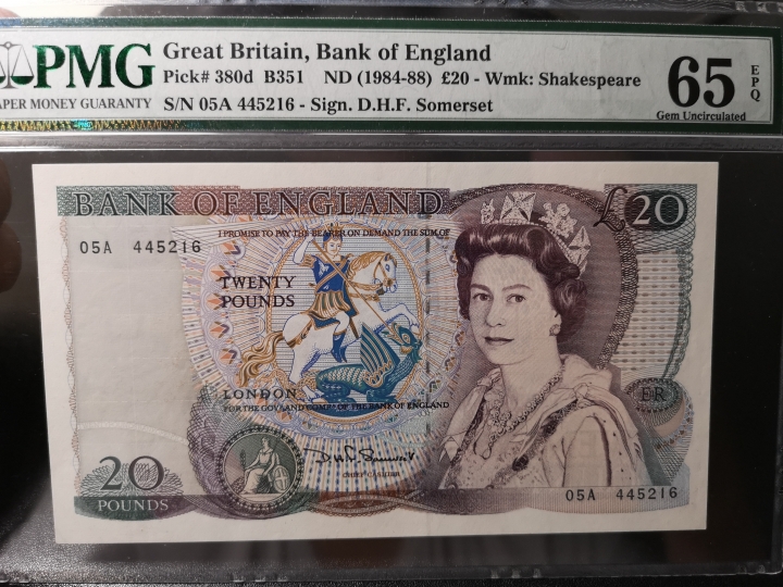 《外钞收藏家》第五十八期拍卖 英国D序列20镑  380d 莎翁水印  pmg65