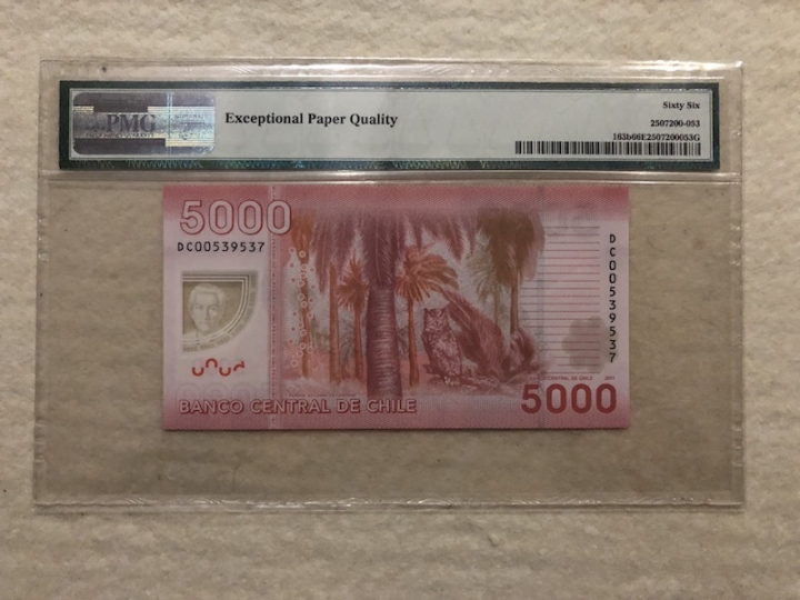收藏联盟第六十六期拍卖 智利2011年5000比索 PMG66E