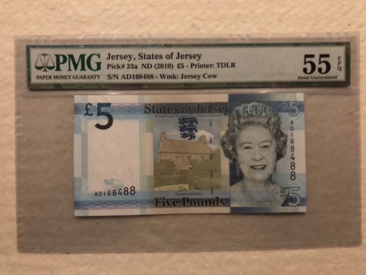 收藏联盟第六十六期拍卖 泽西2010年5镑 PMG55E 尾88靓号