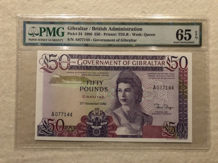 收藏联盟第六十五期拍卖 直布罗陀1986年50镑女王钞 PMG65E