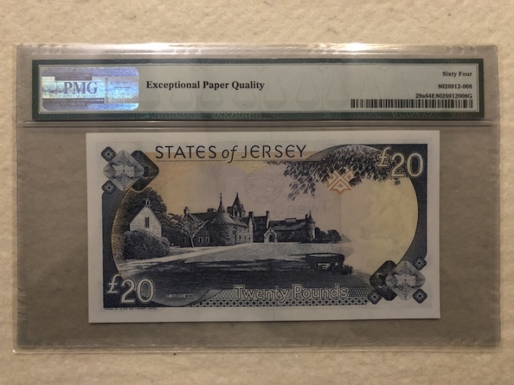 收藏联盟第六十六期拍卖 泽西2000年20镑 PMG64E
