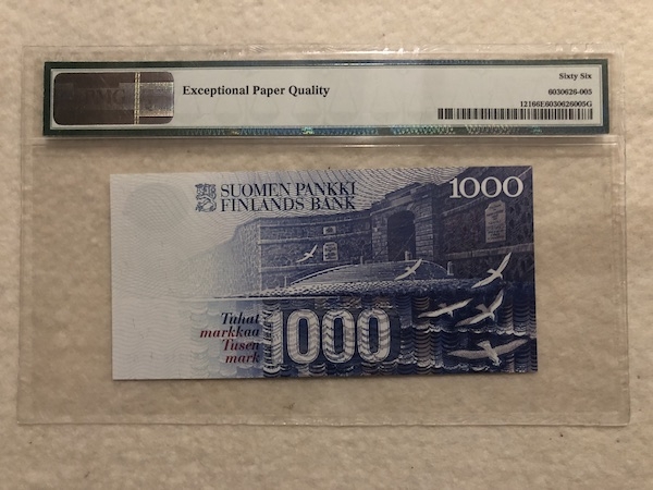 收藏联盟第六十五期拍卖 芬兰1986年1000马克 PMG66E