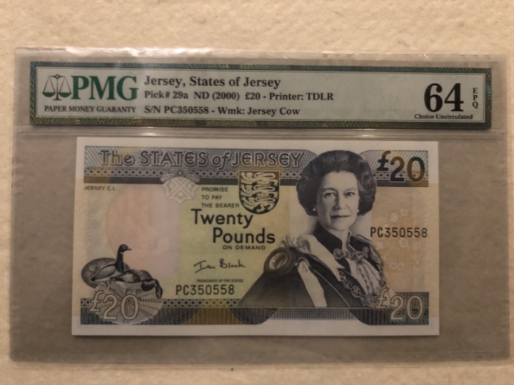 收藏联盟第六十六期拍卖 泽西2000年20镑 PMG64E