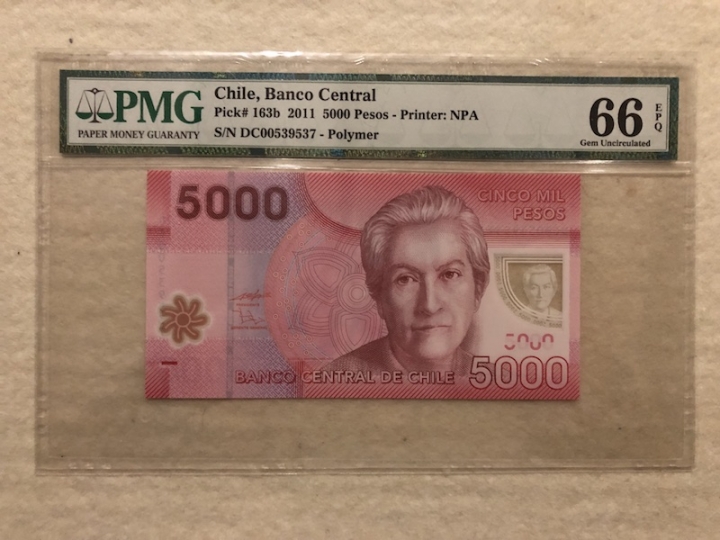 收藏联盟第六十六期拍卖 智利2011年5000比索 PMG66E