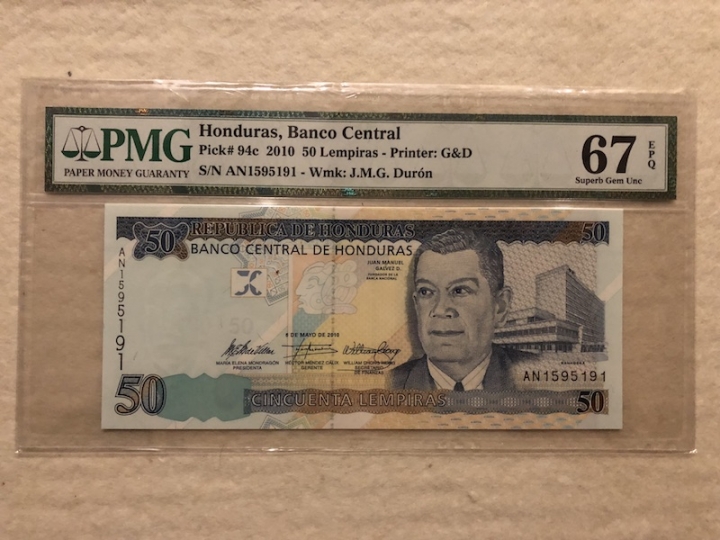 收藏联盟第六十六期拍卖 洪都拉斯1050 PMG67E 唯一冠军分