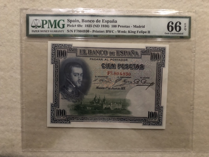 收藏联盟第六十五期拍卖 西班牙1928年100比塞塔 PMG66E亚军分