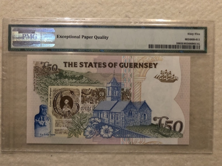 收藏联盟第六十五期拍卖 格恩西群岛1994年50镑 无47号码 首发冠 PMG65E
