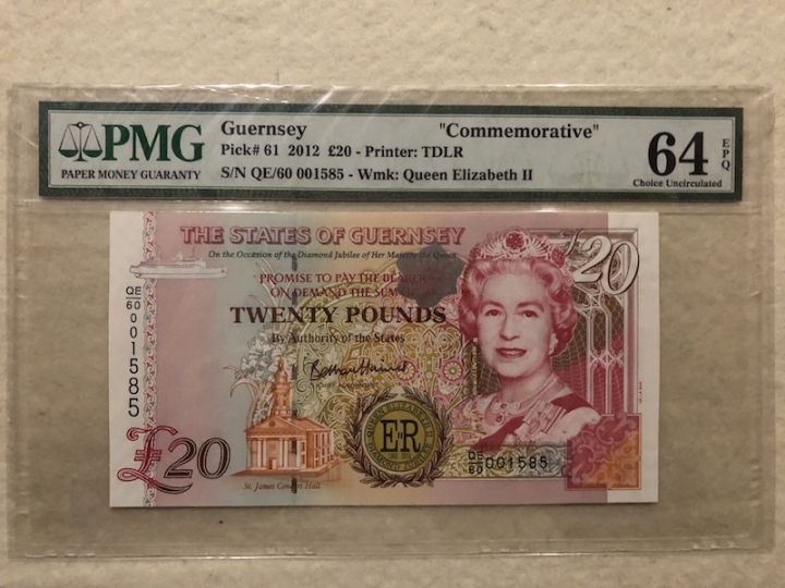 收藏联盟第六十五期拍卖 格恩西岛2012年20镑 女王登基60年纪念钞 靓号PMG64E