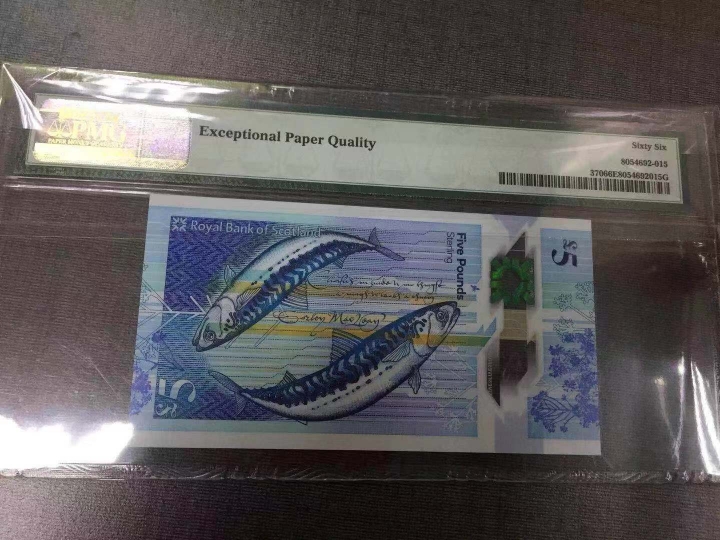 收藏联盟第六十五期拍卖 苏格兰165 塑料钞 PMG66E 百位小号 和上一拍连号的哟