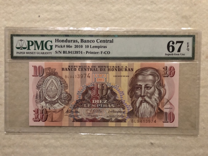 收藏联盟第六十六期拍卖 洪都拉斯1010 PMG67E 冠军分