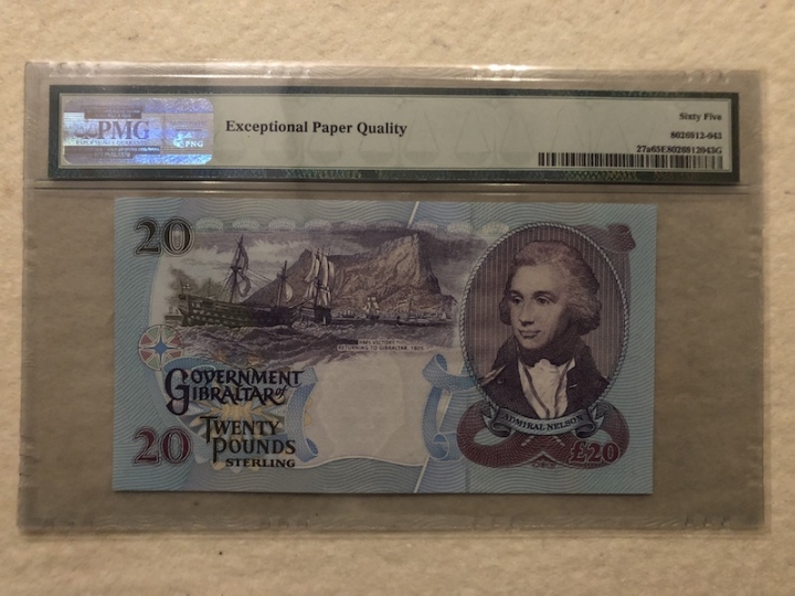 收藏联盟第六十五期拍卖 直布罗陀1995年20镑 首发AA PMG65E