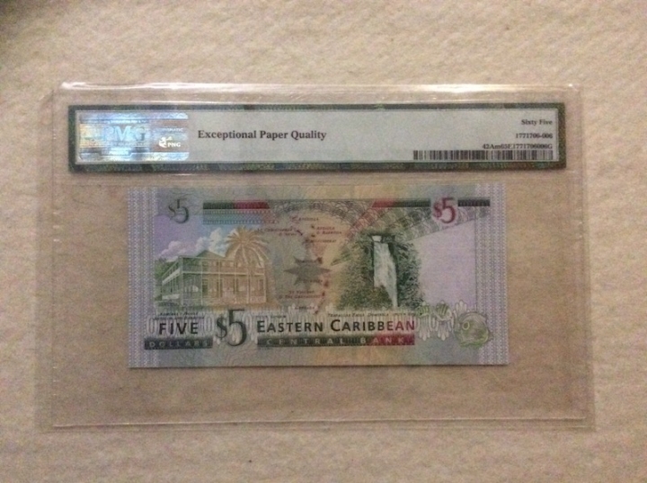 收藏联盟第六十六期拍卖 东加勒比2003年5元 PMG65E 无47靓号