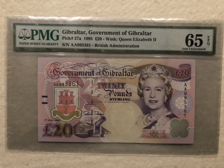 收藏联盟第六十五期拍卖 直布罗陀1995年20镑 首发AA PMG65E