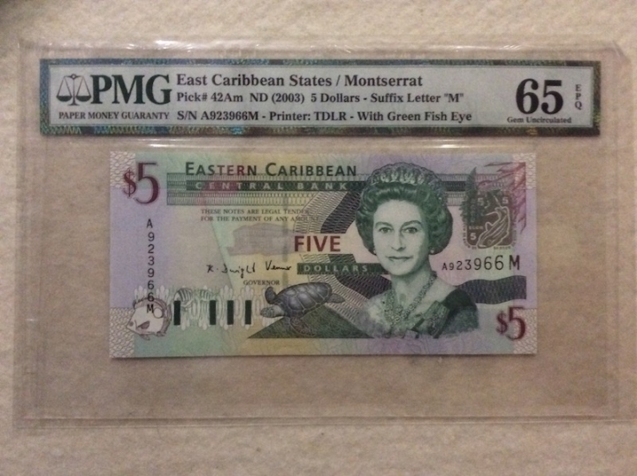 收藏联盟第六十六期拍卖 东加勒比2003年5元 PMG65E 无47靓号