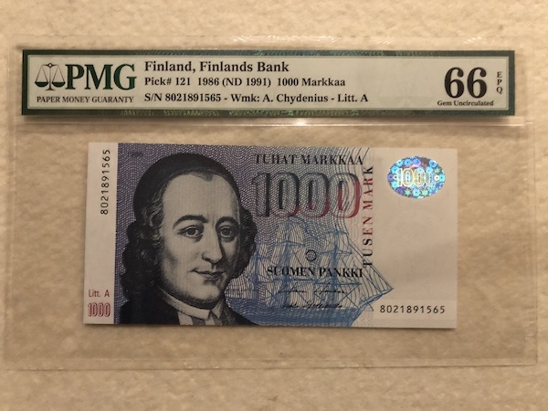 收藏联盟第六十五期拍卖 芬兰1986年1000马克 PMG66E