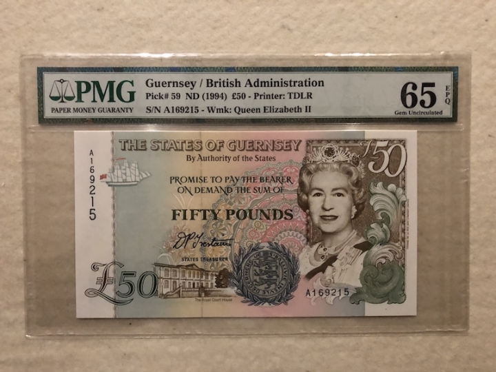收藏联盟第六十五期拍卖 格恩西群岛1994年50镑 无47号码 首发冠 PMG65E
