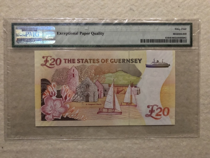 收藏联盟第六十五期拍卖 格恩西岛2012年20镑 女王登基60年纪念钞 靓号PMG64E