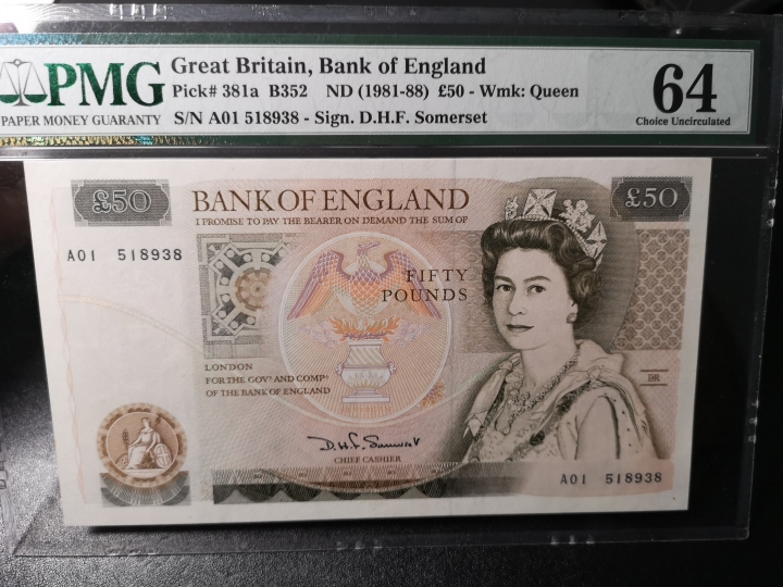 《外钞收藏家》第五十九期拍卖 英国d序列50镑 pmg64  A01首发 无47尾8