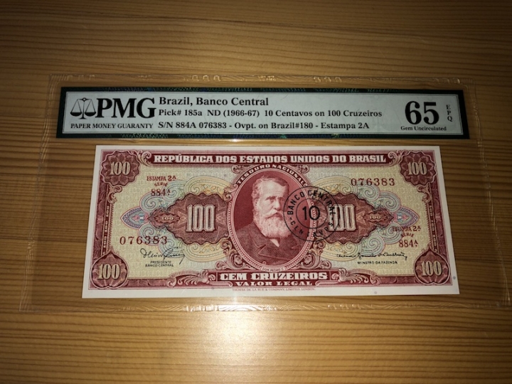 收藏联盟第六十七期拍卖 巴西1966年巴西100克鲁塞罗 加盖10生丁  PMG65E