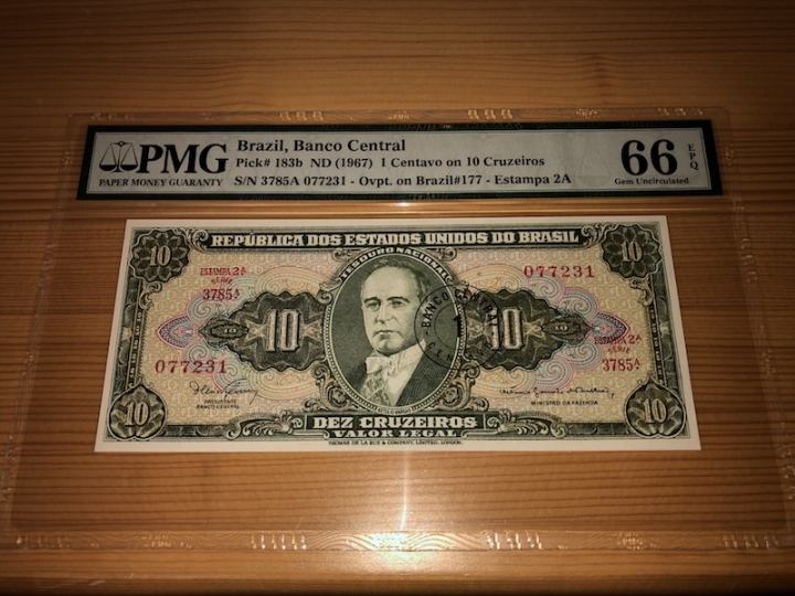 收藏联盟第六十七期拍卖 巴西1967年巴西10克鲁塞罗 加盖1生丁  PMG66E冠军分