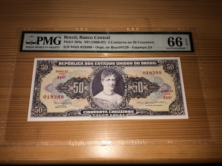 收藏联盟第六十七期拍卖 巴西1966年巴西50克鲁塞罗 加盖5生丁 PMG66E亚军分