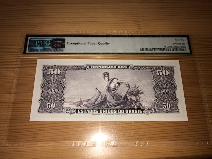 收藏联盟第六十七期拍卖 巴西1966年巴西50克鲁塞罗 加盖5生丁 PMG66E亚军分