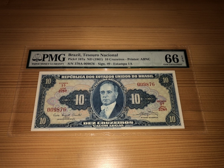 收藏联盟第六十七期拍卖 巴西1961年巴西10克鲁塞罗 PMG66E亚军分 看好了倒顺子09876