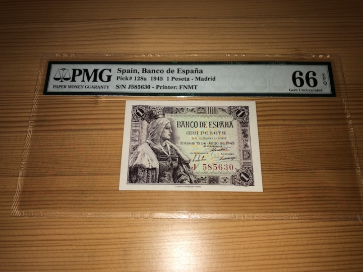 收藏联盟第六十八期拍卖 西班牙1945年1比塞塔 PMG66E