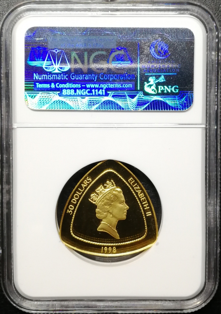 凡希社世界钱币微拍第六十九期 1998年百慕大帆船三角形金币1/2盎司NGC-68UC