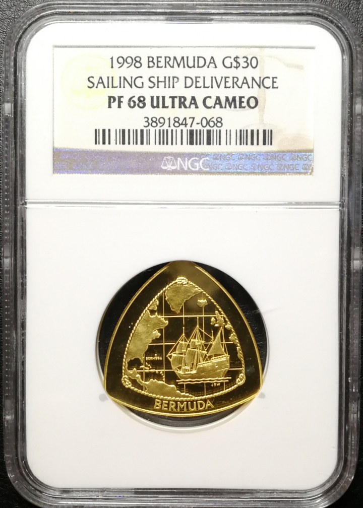 凡希社世界钱币微拍第六十九期 1998年百慕大帆船三角形金币1/2盎司NGC-68UC